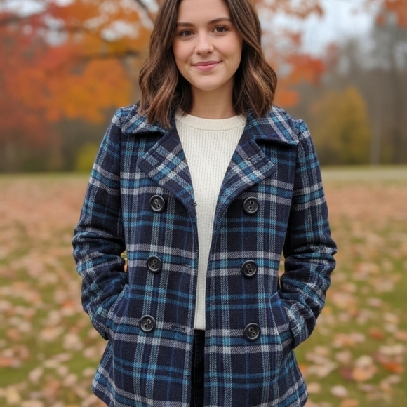 Aeropostale Jackets & Blazers - Aeropostale Blue and Black Plaid Peacoat
